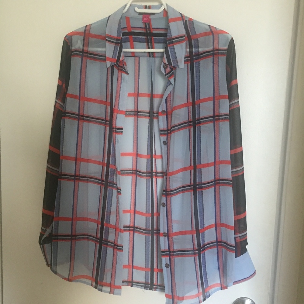 Vince Camuto Sheer Plaid Long Sleeve Blouse